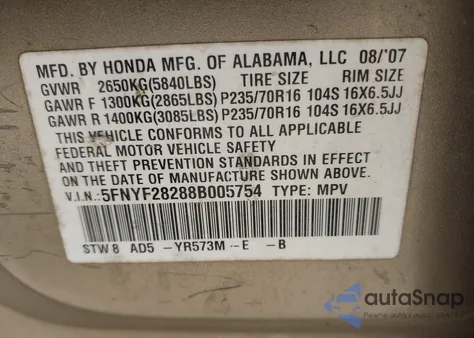 2008 Honda Pilot Vp from USA, damaged, VIN 5FNYF28288B005754
